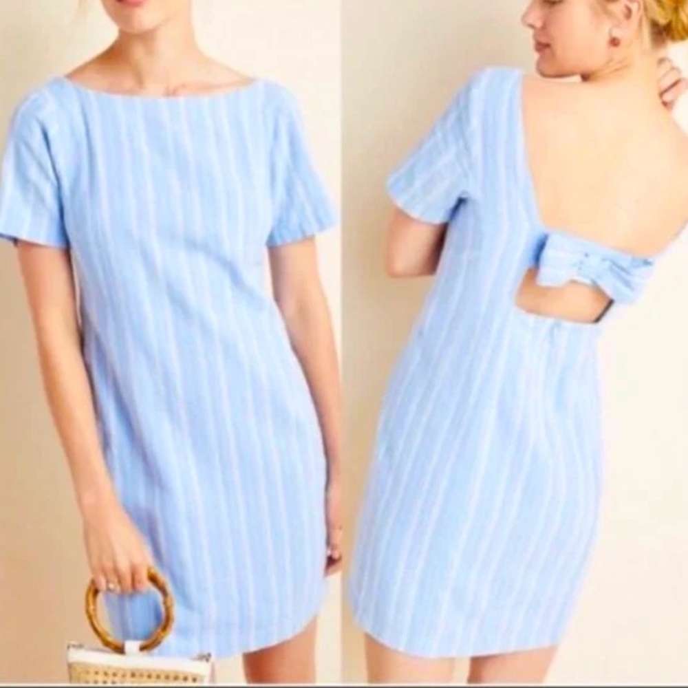 Anthropologie || Cape May Mini Bow Back Dress Linen Blend Blue Stripe 2